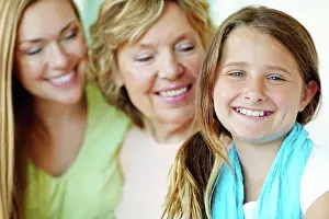 Grandmother Prints: Girl, happy child and mother with grandmother for family generations with care