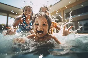Refreshing Prints: Girl having fun in summer vacations in swimming pool. Generative AI