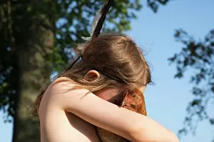 Bare Chest Prints: Girl hugging chicken
