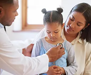 Examination Prints: Girl, mother and doctor with stethoscope in healthcare for listening to heartbeat
