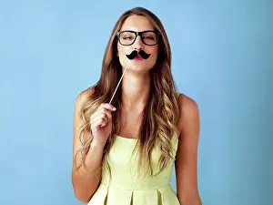 Mockup Prints: Girl, moustache and happy with prop in studio for pout