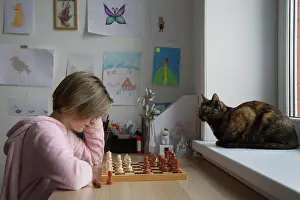 Joke Prints: A girl plays a board game close-up. Chess