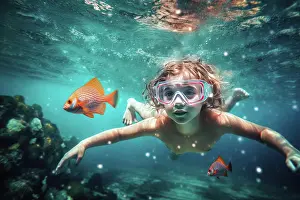 Curiosity Prints: Girl snorkeling surrounded by fishes. AI Generative
