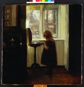 Apparel Prints: A Girl Standing by a Sewing Table. Carl Holsoe (1863-1935). Oil on canvas, 58.5 x 58.5cm