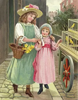 Turn Of The Century Prints: Two girls with flowers and birds in cages on this illustration from the turn of the century 1800-1900