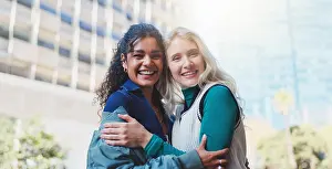 Scholarship Prints: Girls, happy and hug outdoor in urban city with trendy fashion for travel