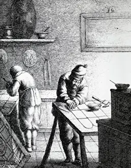 Circa Prints: Glass window makers workshop. Etching by Jan Joris Van Der Vliet, Circa 1635