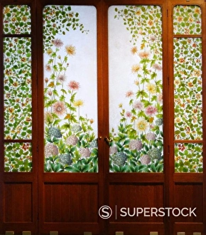 Wood En Prints: Glass and Wood screen decorated with flowers by Frederic Vidal (1882-1950) Spanish painter