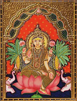 Hindu Prints: Goddess Lakshmi sitting in lotus miniature painting on paper with gold embossing