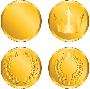 2014 Prints: Golden Coins With Laurel Wreath A set of luxurious golden coins adorned with a vibrant laurel wreath