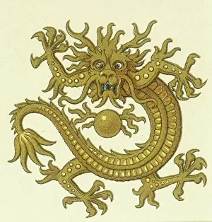 Golden Dragon, Symbol of the Chinese Imperial Family, Color lithograph, Konversations-Lexikon, 6th edition
