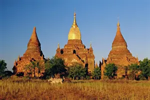 Burma Prints: Golden spire on ancient temple in old Bagan Pagan, Myanmar Burma