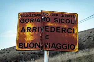 Signage Prints: Goriano Sicoli, Italy A rusty old sign at the edge of town says in Italian