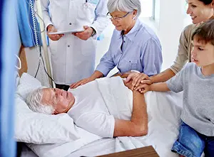Grandfather Prints: Grandfather, doctor or family on bed for support in clinic for good news