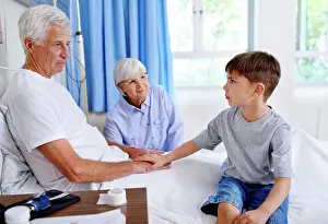 Grandfather Prints: Grandfather, kid and support in clinic bed for kindness