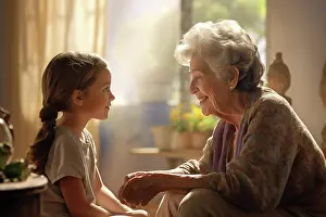 Nurturing Prints: Grandmother and granddaughter together at home AI Generated