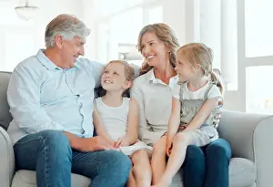 Grandparents Prints: Grandparents, girls and happy on sofa at home for bonding