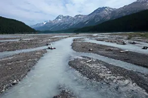 Gravel Prints: Gravel bars in braided river with 'glacial milk'--suspended glacial flour