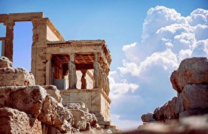 Cloudscape Prints: Greece, Athens, ancient porch of caryatides