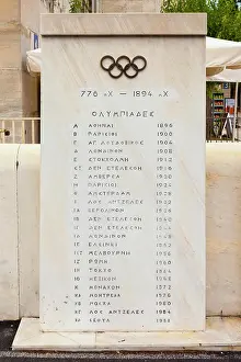 Inscription Prints: Greece, Attica, Athens, List of summer Olympic Games dates and venues in Greek on marble plaque