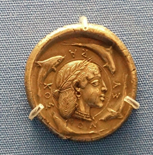 Potter Prints: Greek Decadrachm (ten-drachma coin) of Syracuse showing a head of the nymph Arethusa surrounded by dolphins