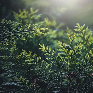 Springtime Prints: green pine tree leaves in springtime, green background