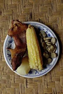 Ecuador Prints: Grill Guinea pig with corn and potatoes Morochos Ecuador