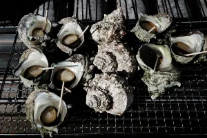 Seafood Prints: Grilled turban shell street food in Matsushima, Japan