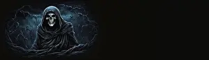 Grim Prints: Grim reaper Haunted over dark misty background with copy space Vivid Halloween wallpaper background good for Halloweens