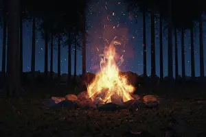 Nahaufnahme Prints: Großes Lagerfeuer mit Funken und Partikeln vor Tannenbäumen und Sternenhimmel 3D rendering of big bonfire with sparks