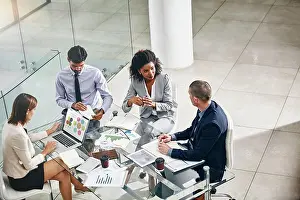 Pitch Prints: Group, business people and manager with laptop on desk for financial meeting