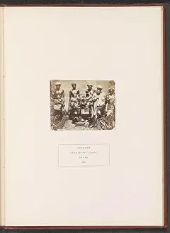 Voorkeursbeeld Prints: Group of four korku people and an English hunter around a table with the head of a bison; Korchoos
