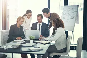 Paperwork Prints: Group, people and meeting with laptop in boardroom of brainstorming