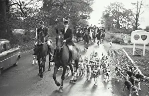 Somerset Prints: Group of people riding on horses with dogs and going for fox hunting, Somerset, England