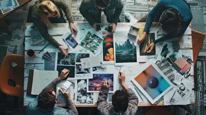Architecture Prints: A group of people are sitting around a table with various pictures and objects on it