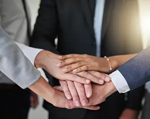 Partnership Prints: Group, pile and solidarity of hands in office