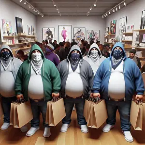 Chic Prints: A group of plus size big tummy unrecognizable relaxed gangters shoplifters criminals empty a fashion clothing retail