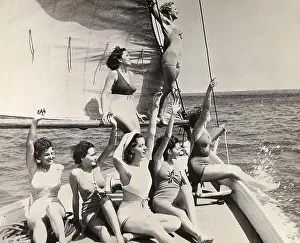 Water Vehicle Prints: Group of young women on a sailboat