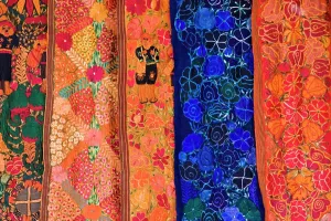 Santiago Prints: Guatemala, Santiago. Closeup of weavings in the market in the town of Santiago