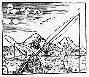 Dynamics Prints: Gunner firing a cannon. The path of the projectile is shown according to Aristotelian physics