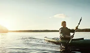 Paddle Prints: Guy, kayak and boat on lake vacation for sports adventure or nature travel trip
