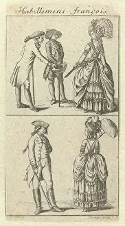 Lower Prints: Habillemens François, ca. 1778-1780: Twee vrouwen en drie mannen met wandelstok