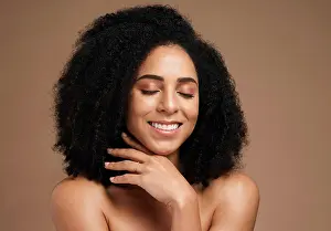 Dermatology Prints: Hair, afro and face of black woman with skincare glow