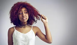 Upset Prints: Hair, salon and woman on gray background for wellness