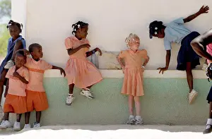 Uniform Prints: Haiti, Isla De Laganave, School Childrem In Uniform Playing Including An Albino Girl