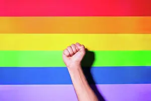 People In Nature Prints: Hand fist with lgbt flag background. Lgbt pride concept