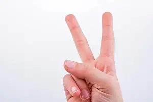Background White Prints: Hand making Victory Symbol on a white background