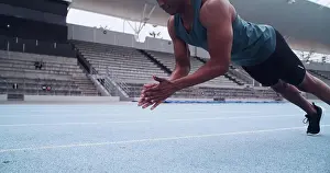 Agility Prints: Hands, athlete and push up on track