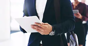 Notes Prints: Hands, businessman and tablet in row at office for job interview