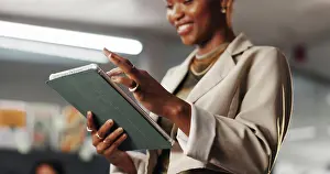 Deadline Prints: Hands, creative or woman scroll on tablet in office for logo design review